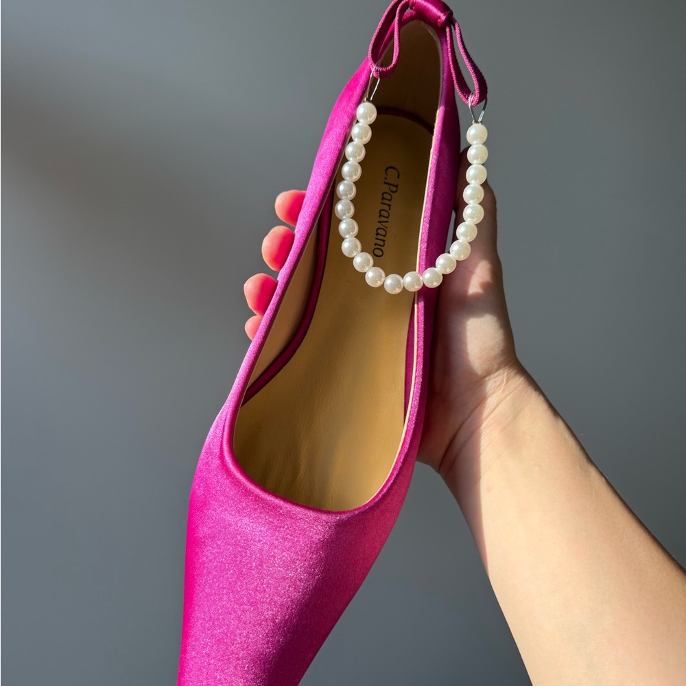 C. Paravano Fuchsia Satin Heels with Pearl Strap